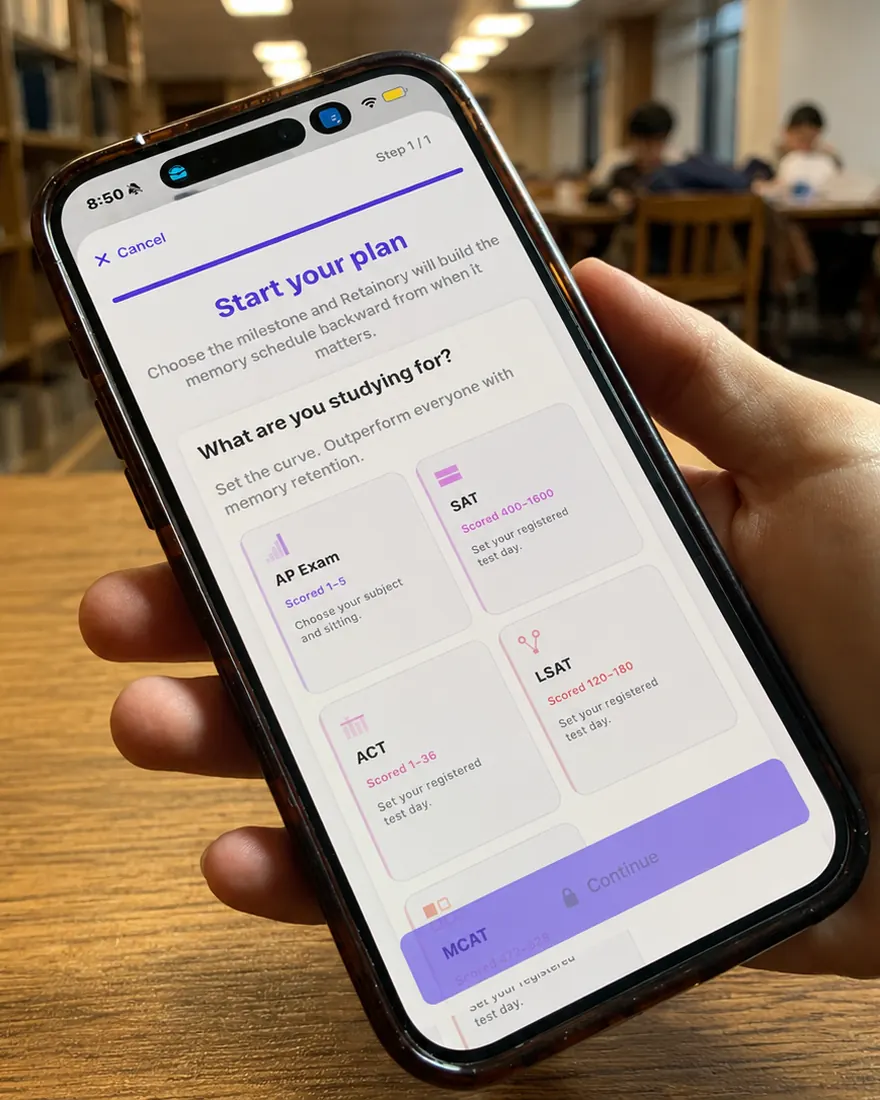A hand holding a phone in a library, showing Retainory's first setup step: choosing what you are studying for, with AP Exam, SAT, ACT, LSAT and MCAT each scheduled from its own test day.